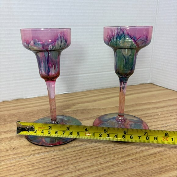 Pair Vintage Deco Art Designs Canada Handcrafted Multi Colour Glass Goblets - Picture 8 of 10